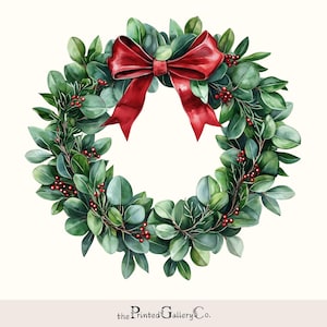 Clipart di ghirlanda natalizia ad acquerello, foglie di agrifoglio e fiocco rosso in formato PNG, cornice circolare invernale, grafica natalizia per uso commerciale