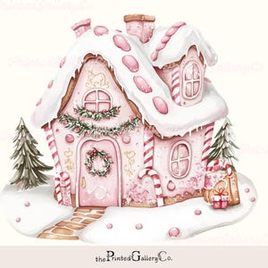 3 Pastel Pink Coquette Christmas Gingerbread House PNG, Candy Cane Cottage Clipart dla Fantasy Pinkmas Scrapbooking & Crafts