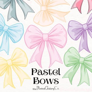 Puede incluir: Un conjunto de lazos de color pastel en varios tonos de azul, rosa, verde, amarillo y morado. Los lazos están dispuestos en un círculo alrededor del texto "Pastel Bows" y "the Printed Gallery Co."