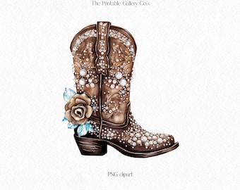Watercolor Floral Cowgirl Boots PNG Brown Coastal Cowgirl Boots Clipart Country Howdy Shabby Chic Bachelorette Clip Art Design Graphic
