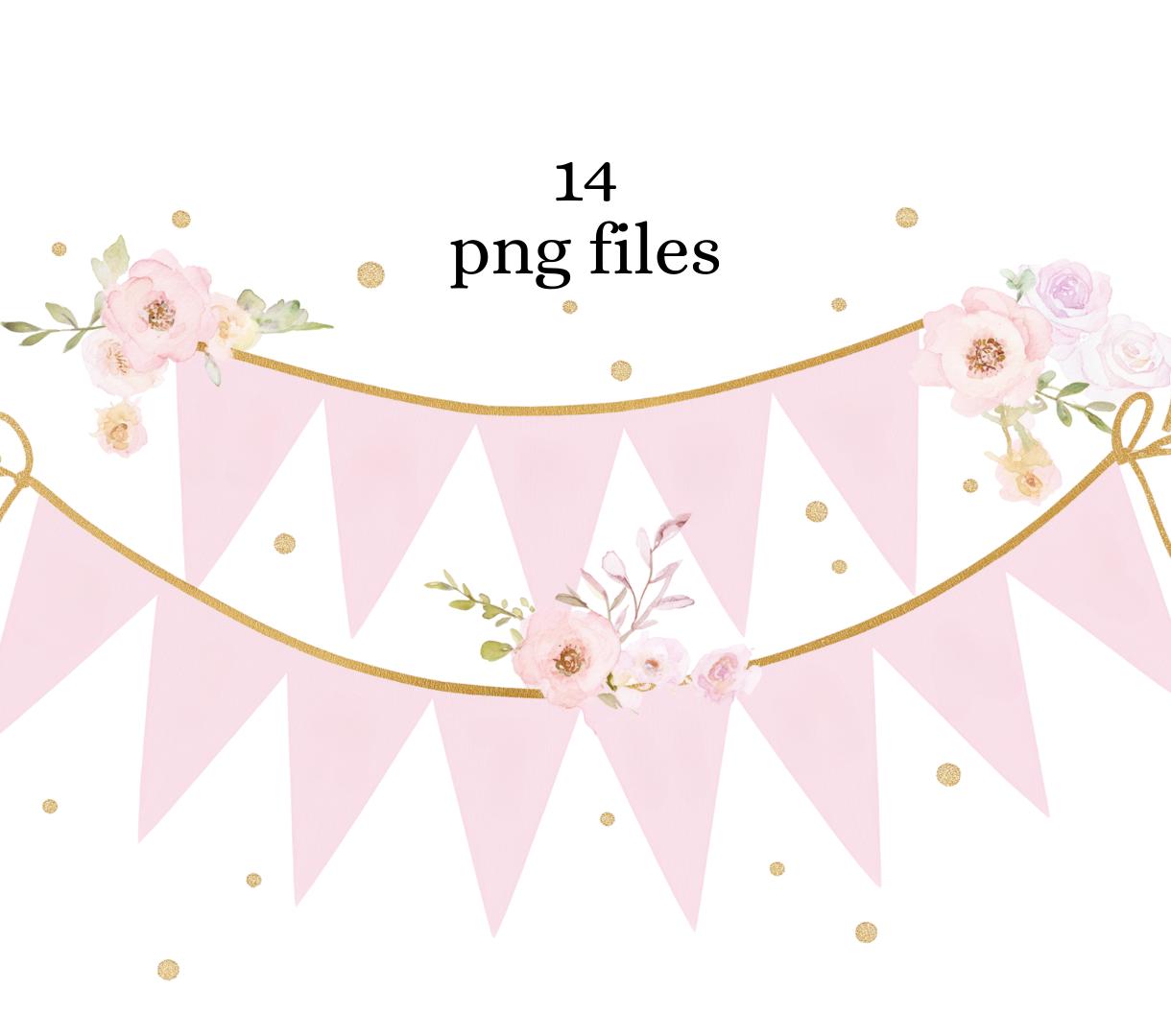 14 Gold & Pink Flag Banners, Pink Floral Girly Baby PNG, Wedding ...