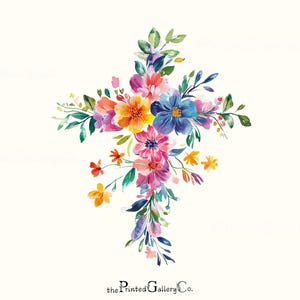 Clipart di croce floreale blu acquerello fiore da giardino croce PNG shabby chic fede cristiana pasqua battesimo clip art design download digitale