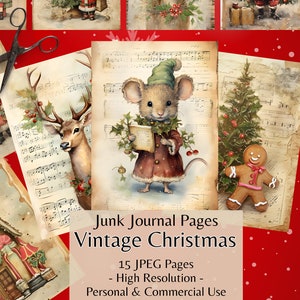 ヴィンテージクリスマスジャンクジャーナルペーパー、デジタルダウンロード、水彩画、ミックスメディア、クリスマス、松の木、コテージコアファンタジースクラップブッキング