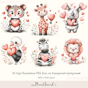 35 animaux de safari mignons tenant un coeur | Saint-Valentin Bébés animaux de la jungle PNG | Graphiques imprimables pour le scrapbooking et la sublimation