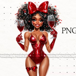 ワイングラスを持つロマンチックな黒人女性のクリップアート PNGヘア、アフロメラニンクイーン、黒人女性、赤いグリッター昇華ハート、バレンタインデー