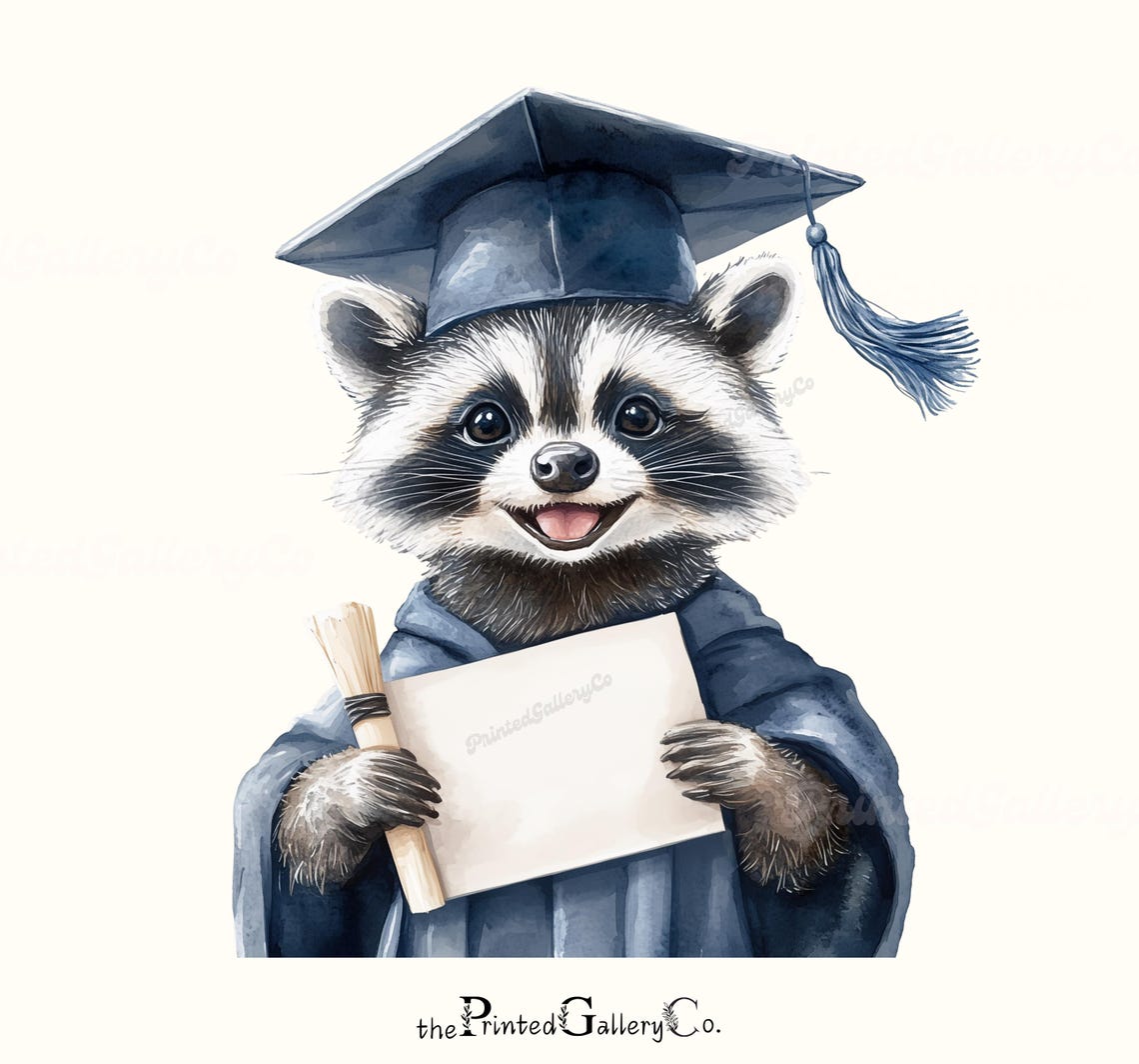 Watercolor Raccoon Graduation PNG, Cute Graduate Clipart, Blue Cap and ...