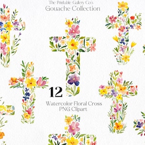 Op de afbeelding: Twaalf aquarel bloemenkruis PNG clipart afbeeldingen. De kruisen zijn gemaakt van gele, roze, oranje en paarse bloemen. De tekst "The Printable Gallery Co's Gouache Collection" en "12 Watercolor Floral Cross PNG Clipart" zijn ook in de afbeelding opgenomen.