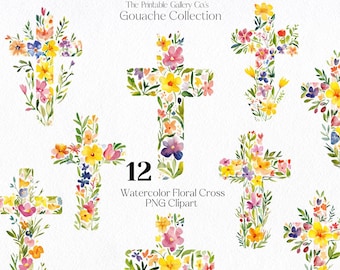 12 Easter Cross with Florals Png, Watercolor Easter Cross Clipart, Spring Flowers Christian Floral Clip Art Sublimation Digital Download