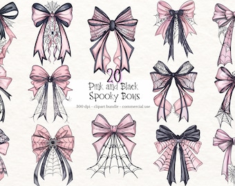 Pink and black halloween bow Clipart, Pastel Pink halloween Commercial Use PNG, Witchy clip art Spider Web Junk Journal Image Files Bundle