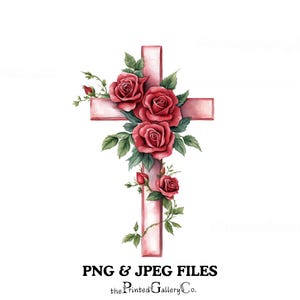 Könnte beinhalten: Aquarellillustration eines rosa Kreuzes, verziert mit leuchtend roten Rosen und grünen Blättern. Das Kreuz ist mit drei großen Rosen und mehreren kleineren Knospen geschmückt, wodurch ein Blumendesign entsteht. Der Text "PNG & JPEG FILES" und "the Printed Gallery Co." ist enthalten.