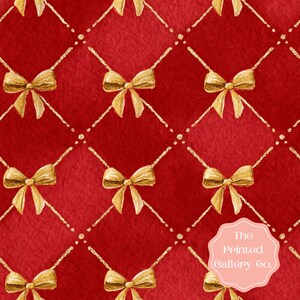 May include: A repeating pattern of gold bows and diagonal lines on a red background. The bows are tied with gold ribbons and are evenly spaced. The lines are dotted with small gold circles. The text "The Printed Gallery Co." is in a pink circle.