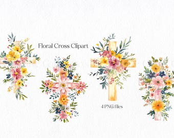 4 aquarel christelijke kruisen PNG pastel bloemen kruis clipart op geloof gebaseerde Pasen clipart romantische religieuze digitale sublimatie hij is verrezen