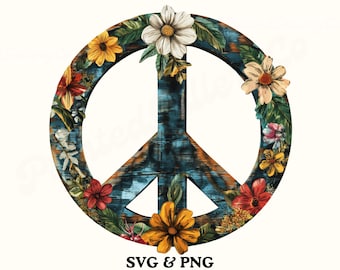 Rustic-Look Floral Peace Sign SVG Hippie Peace Symbol png Distressed-Look Peace Sign with flowers, shabby chic floral sublimation