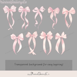 May include: A set of ten pink watercolor bows with long tails. The bows are isolated on a transparent background.