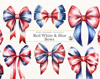 Watercolor 4th of July clipart, Patriotic Independence Day Commercial Use PNG, Red White & Blue graphics, Ribbon Bow Clip Art Bundle