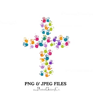 May include: A cross shape formed from colorful handprints in shades of red, orange, yellow, green, blue, and purple. The text "PNG & JPEG FILES" and "the Printed Gallery Co." are at the bottom.