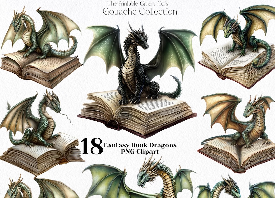 18 Dragons Clipart Book PNG Bundle, Fantasy Books Clip Art Digital ...
