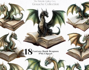 18 Dragons Clipart Book PNG Bundle, Fantasy Books Clip Art Digital Scrapbooking Graphics Pack, Magical Creatures Sublimation Sticker Design