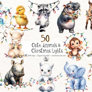 Puede incluir: 50 ilustraciones de acuarela de animales lindos con luces de Navidad coloridas. Los animales incluyen una rana, un pollito, un mapache, un hipopótamo, una cebra, una llama, un gato, un mono, un rinoceronte, un oso polar, un elefante y un gatito.
