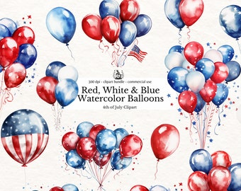 Clipart ballon de célébration 4 juillet à usage commercial PNG, clipart fête de l'indépendance, ballons rouges, blancs et bleus, aquarelle png
