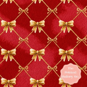 May include: A repeating pattern of gold bows and connecting lines on a red background. The bows are large and detailed, with a textured appearance. The lines are thin and glittery, creating a grid-like design. The Printed Gallery Co. logo is in the bottom right corner.