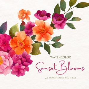 Può includere: Illustrazione ad acquerello di fiori vibranti nei toni dell'arancione, del rosa e del magenta, con foglie verdi. Il testo "Watercolor Sunset Blooms" è scritto in corsivo. L'immagine include anche il testo "22 Transparent PNG Files."