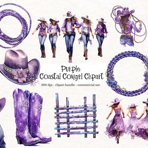 Aquarel glamour westerse clipartbundel, paarse Coastal Cowgirl Boots & Cow Skull PNG, faux glitter sublimatieafbeeldingen voor commercieel gebruik