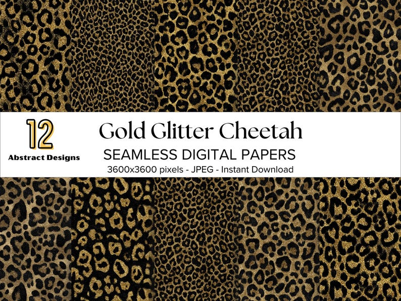 Gold Glitter Cheetah Print Digital Paper, Leopard Animal Pattern ...