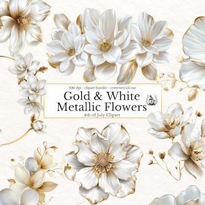 24 goud metallic bloemen clipart, witte bloemen commercieel gebruik PNG, bruiloft uitnodiging illustraties, magnolia graphics, Glam Garden vrijgezellenfeest