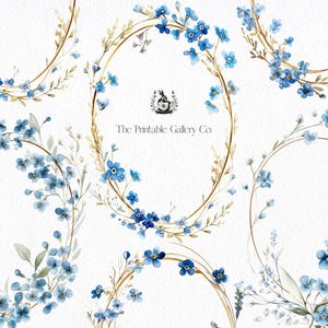 Aquarelle de fleurs de myosotis PNG bordure de couronne ovale fleurs bleues Clip Art cadres Art numérique imprimable PNG pour journaux indésirables Scrapbooking