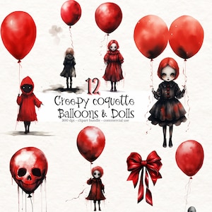 Paquete de imágenes prediseñadas de muñecos vudú espeluznantes y globos rojos, PNG con lazo gótico coqueto, imágenes prediseñadas de brujas en rojo/negro, archivos de imágenes de diario basura.