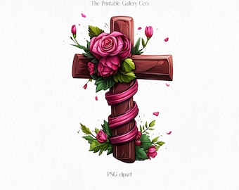 Croix de Pâques avec des fleurs Png, Clipart croix de Pâques en bois, rose chrétien png, Png floral printanier, conception de symbole religieux preppy Pâques Png