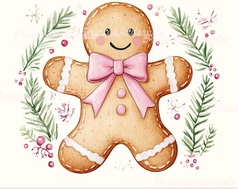 Watercolor Gingerbread man SVG & PNG, Christmas Festive Gingerbread Man Clipart, Pastel Holiday Digital Download for Sublimation Heat Press