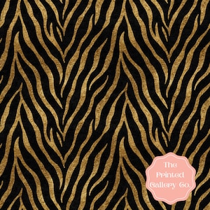 May include: A black and gold zebra stripe pattern. The design features gold-coloured, irregular stripes against a black background. The Printed Gallery Co. logo is in the bottom right corner.