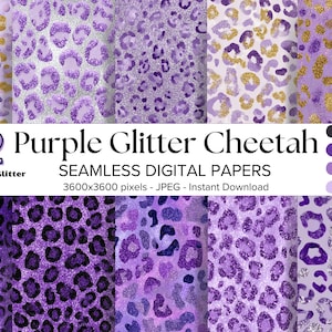 May include: A set of 12 seamless digital papers featuring purple glitter cheetah patterns. The designs showcase various shades of purple and gold, with a resolution of 3600x3600 pixels. The text reads "Purple Glitter Cheetah".