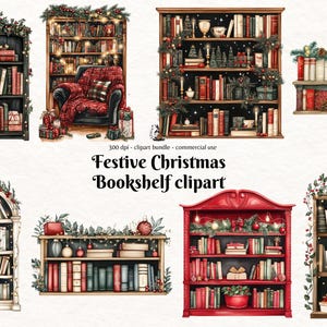 Clipart di librerie natalizie ad acquerello, libreria natalizia rossa, verde e oro PNG, decorazioni invernali per libri per uso commerciale, download immediato