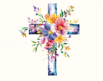 Shabby Chic Watercolor Cross Clipart Floral Christian Cross PNG Boho Easter Sunday Clip Art Baptism Christening Decor Digital Download