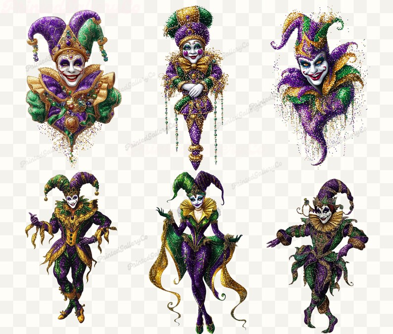 Mardi Gras Jester Clipart Bundle Faux Glitter Sequin Harlequinn PNG Fat ...