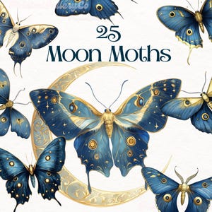 Himmlische Lunar Motte Clipart Bundle, Blau und Gold Mond Schmetterling Clip Art, digitale Scrapbooking Grafiken magische Geschöpfe Sublimation PNG