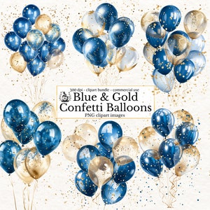Clipart ballon bleu et or confettis, clipart fête de célébration, téléchargement immédiat au format png pour usage commercial graphiques imprimables de ballons