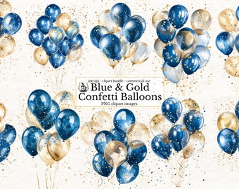 Imágenes prediseñadas de globos de confeti azul y dorado, imágenes prediseñadas de fiesta de celebración, descarga instantánea en formato PNG para uso comercial, gráficos imprimibles de globos