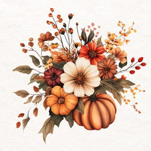 Pode incluir: Um arranjo floral com duas abóboras cor de laranja, uma grande flor cosmos branca, flores vermelho-escuras e castanhas, folhagem seca e pequenas bagas cor de laranja. A composição inclui várias folhas e caules em tons de outono.