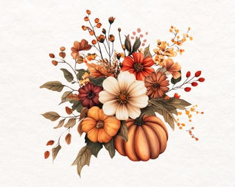 Könnte beinhalten: Ein Blumenarrangement mit zwei orangefarbenen Kürbissen, einer großen weißen Kosmeenblüte, dunkelroten und braunen Blüten, getrocknetem Laub und kleinen orangefarbenen Beeren. Die Komposition enthält verschiedene herbstlich gefärbte Blätter und Stängel.