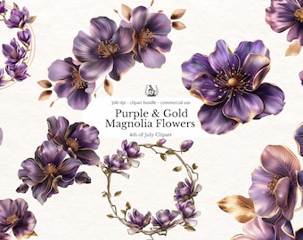Gold Metallic Floral Clipart Purple Flowers PNG, Wedding Invitation Clip Art Magnolia Graphics Glam Garden Bridal Shower Sublimation Overlay