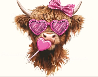 Pink Bow Highland Cow Clipart Valentine Cow with Heart Sunglasses Cute Animal PNG DIY Crafting Sublimation Art Animal Clipart for T-Shirts