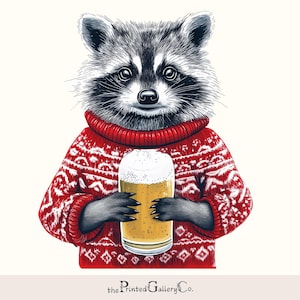 Drôle de raton laveur de Noël avec de la bière dans un pull moche PNG mignon vacances Clipart fête festive Sublimation animale décoration téléchargement numérique pour l'artisanat