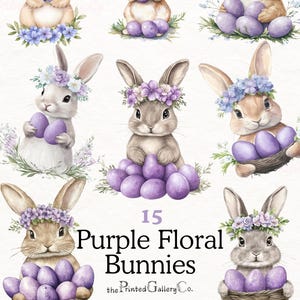 lila Blumen Osterhase Clipart, Frühling Kaninchen Kommerzielle Nutzung PNG Ostereinladung Clip Art, Blumenkrone Grafiken, Garten Ostereier