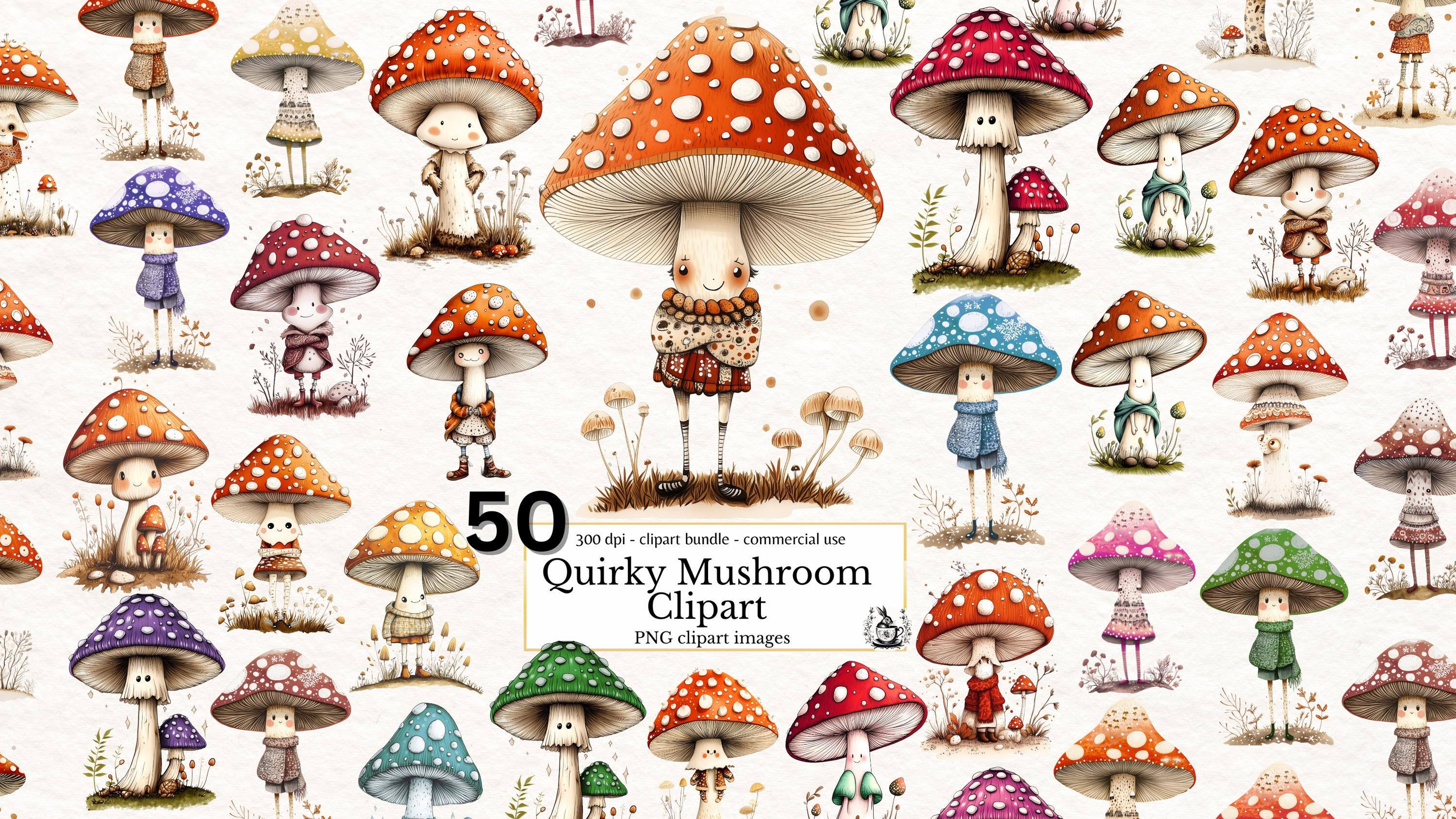 Whimsical Mushroom Clipart | Quirky Fantasy Creatures Clip Art Bundle | Cottagecore & Boho Chic PNG | Commercial Use Junk Journal Graphics