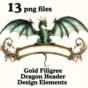 Paquete de 13 elementos decorativos de filigrana dorada PNG, imagen de desplazamiento PNG con bordes de dragón medieval, adornos de borde, marcos de esquina