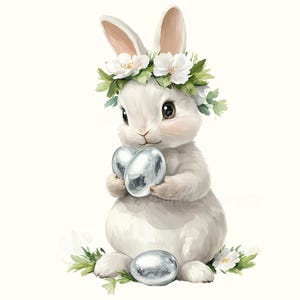 Lapin de Pâques tenant des oeufs de Pâques Clipart | Lapin floral printanier PNG | Couronne de fleurs et oeuf de Pâques métallisé or/argent clipart pour faire-part